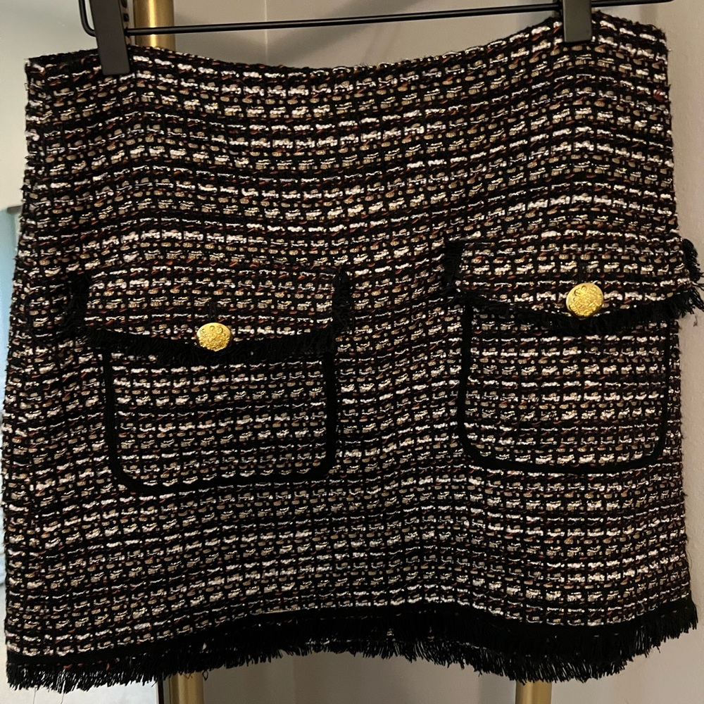 Veronica Beard Black Tweed Mini Skirt with Gold Buttons